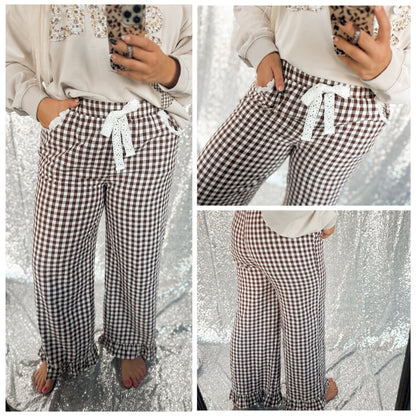 Brown Gingham Lace Ruffle Pants