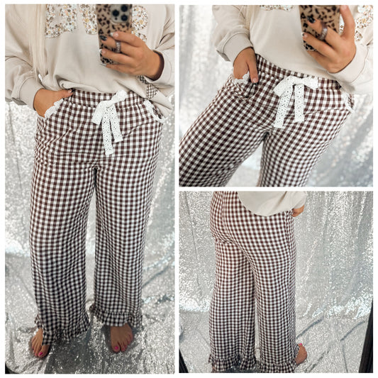 Brown Gingham Lace Ruffle Pants