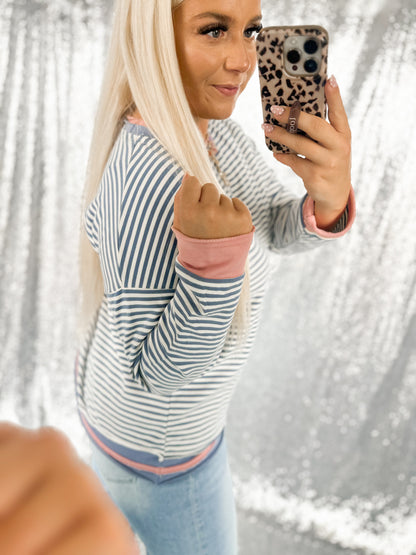 Blue & Pink Raw Hem Striped Color Block Crewneck