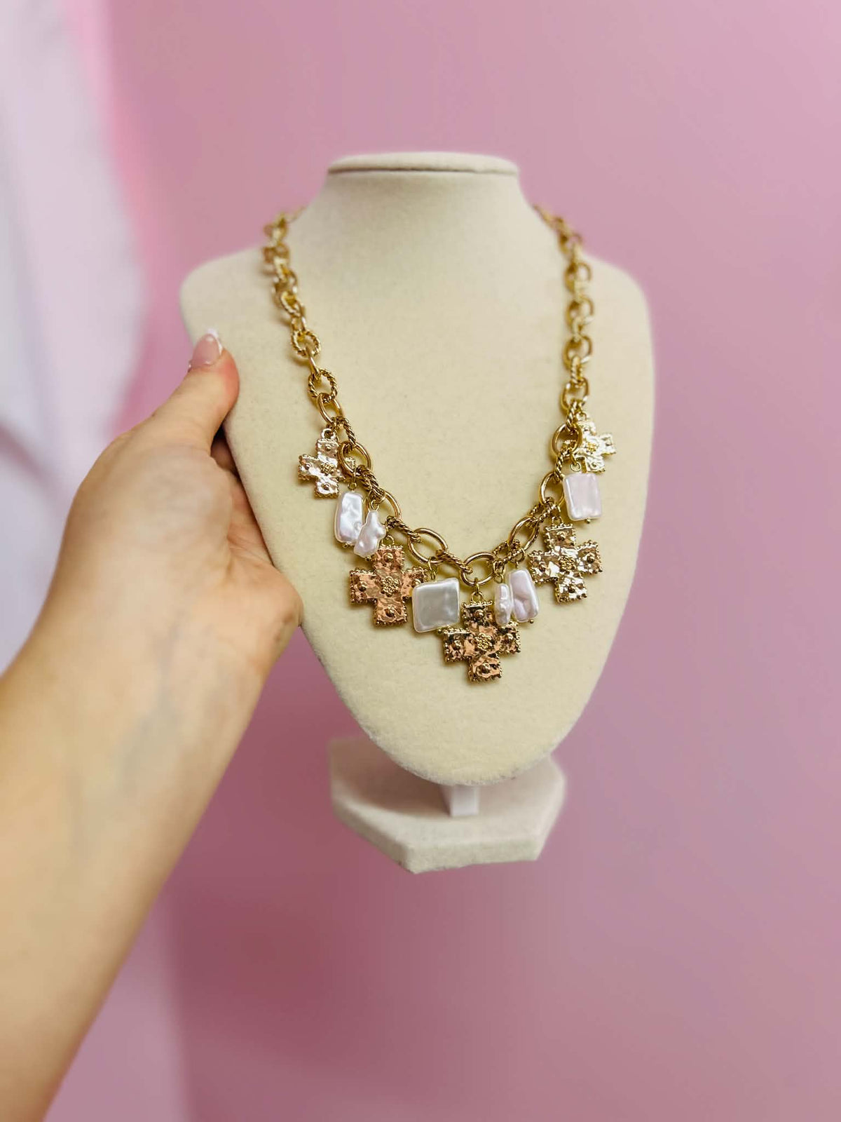 Gold Hammered Cross Charm Necklace