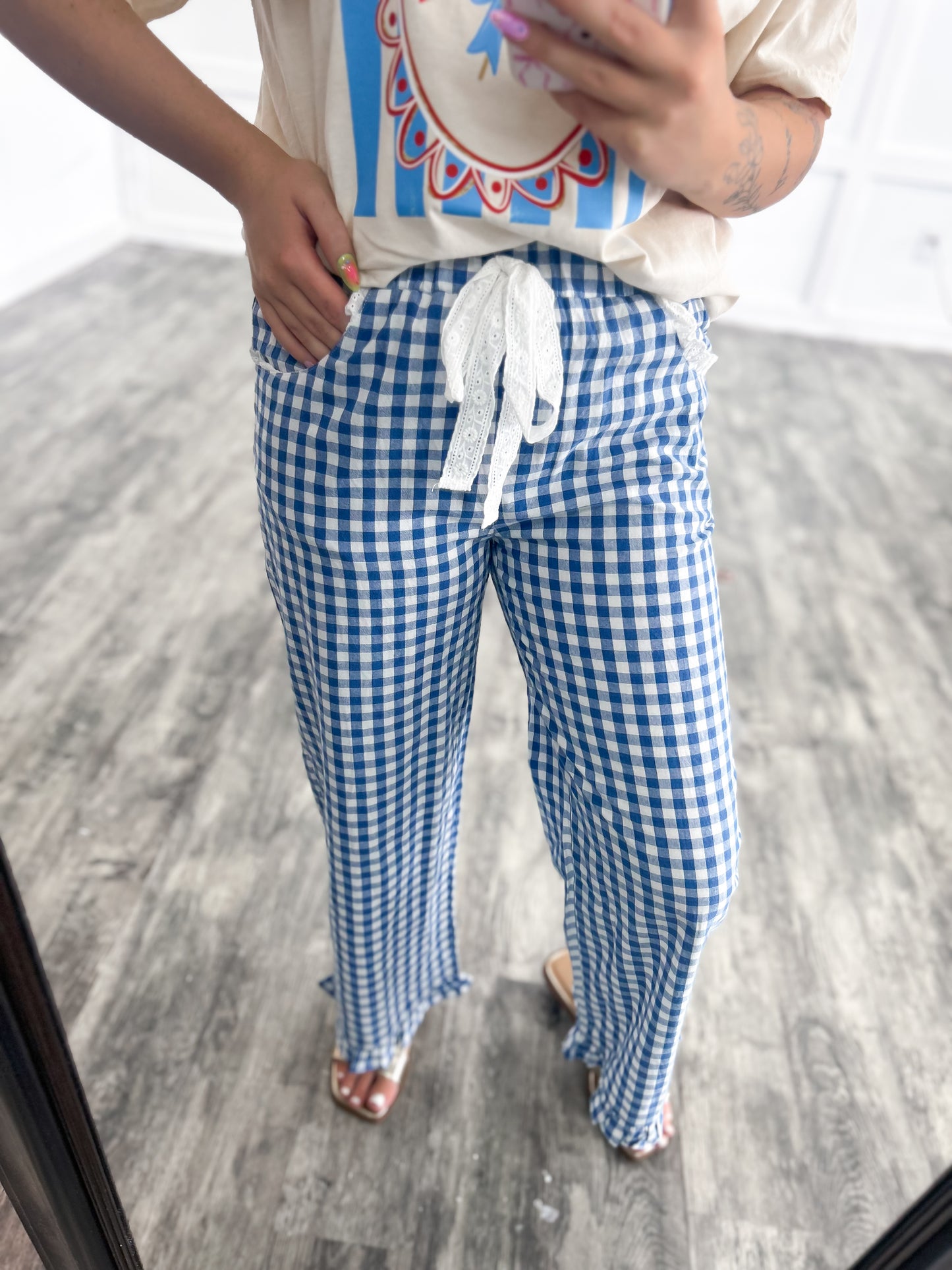 Blue & White Gingham Ruffle Pants