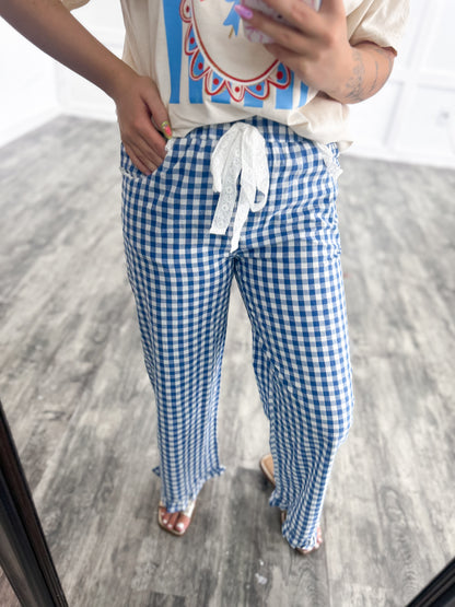 Blue & White Gingham Ruffle Pants