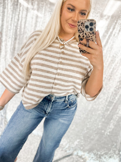 Taupe & Cream Chunky Knit Button Top