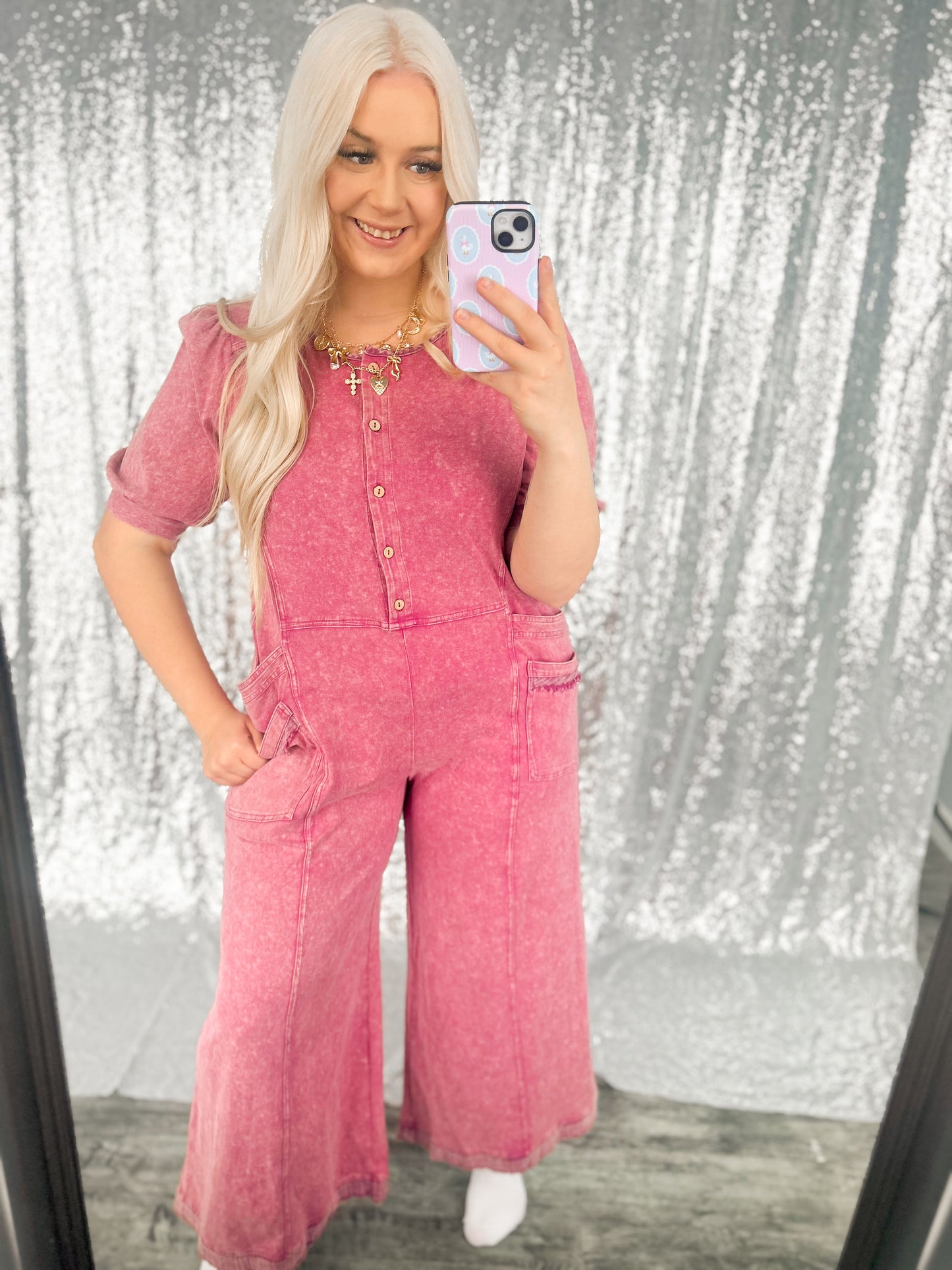 Rose Acid Wash Button Jumpsuit