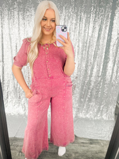Rose Acid Wash Button Jumpsuit