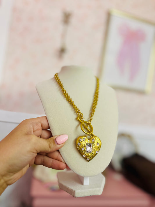 Gold Rhinestone Toggle Heart Necklace