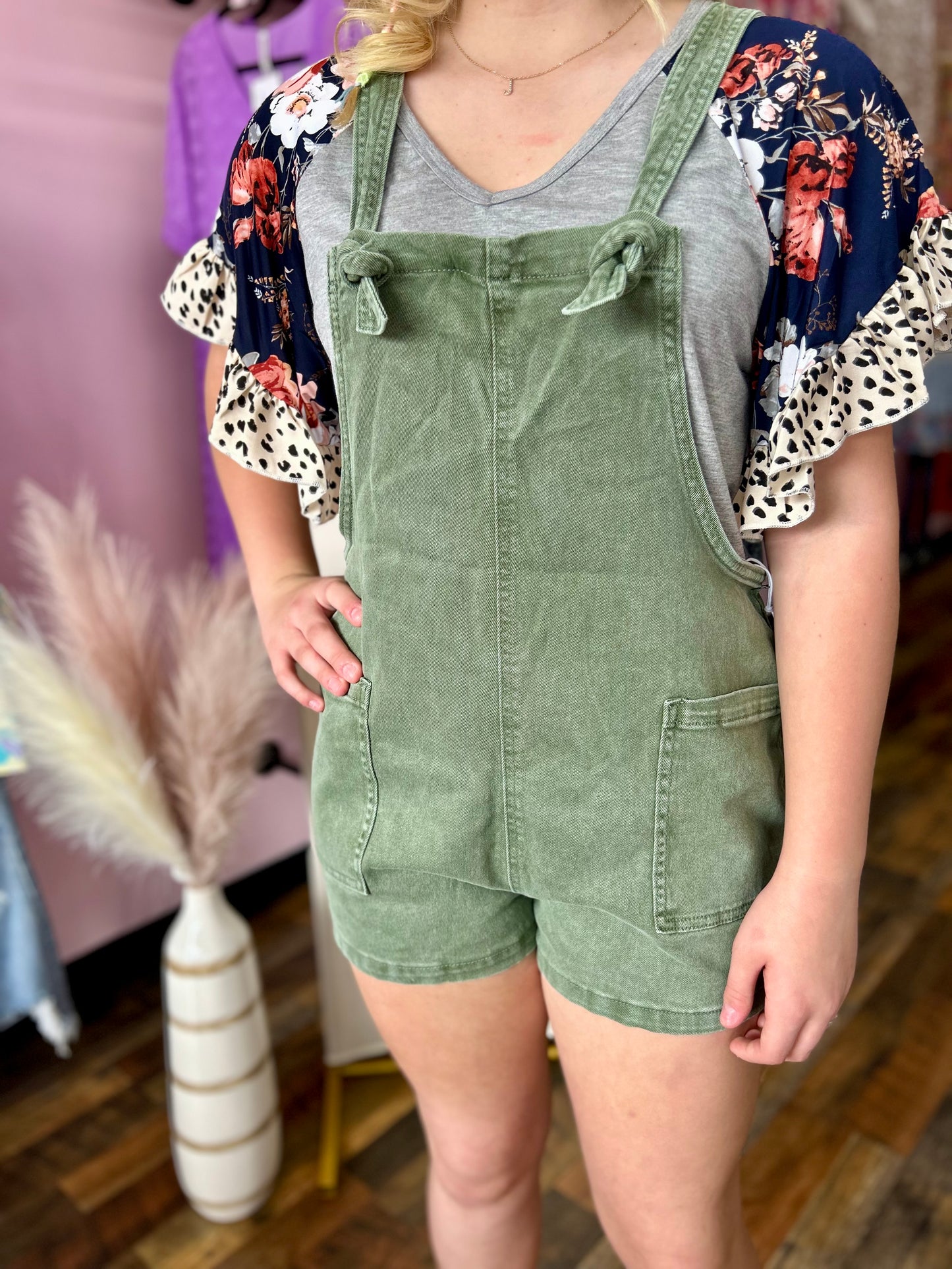 Olive Denim Overall Romper