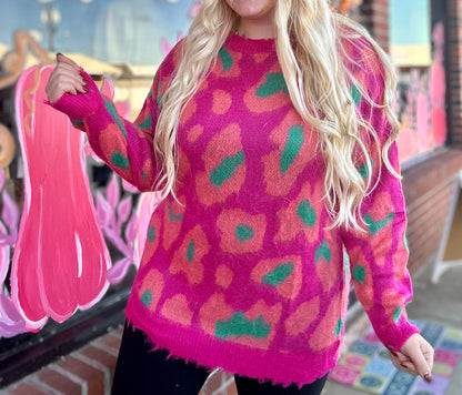 Magenta Leopard Contrast Sweater