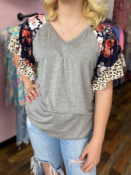 Floral Cheetah Flutter Sleeve Top