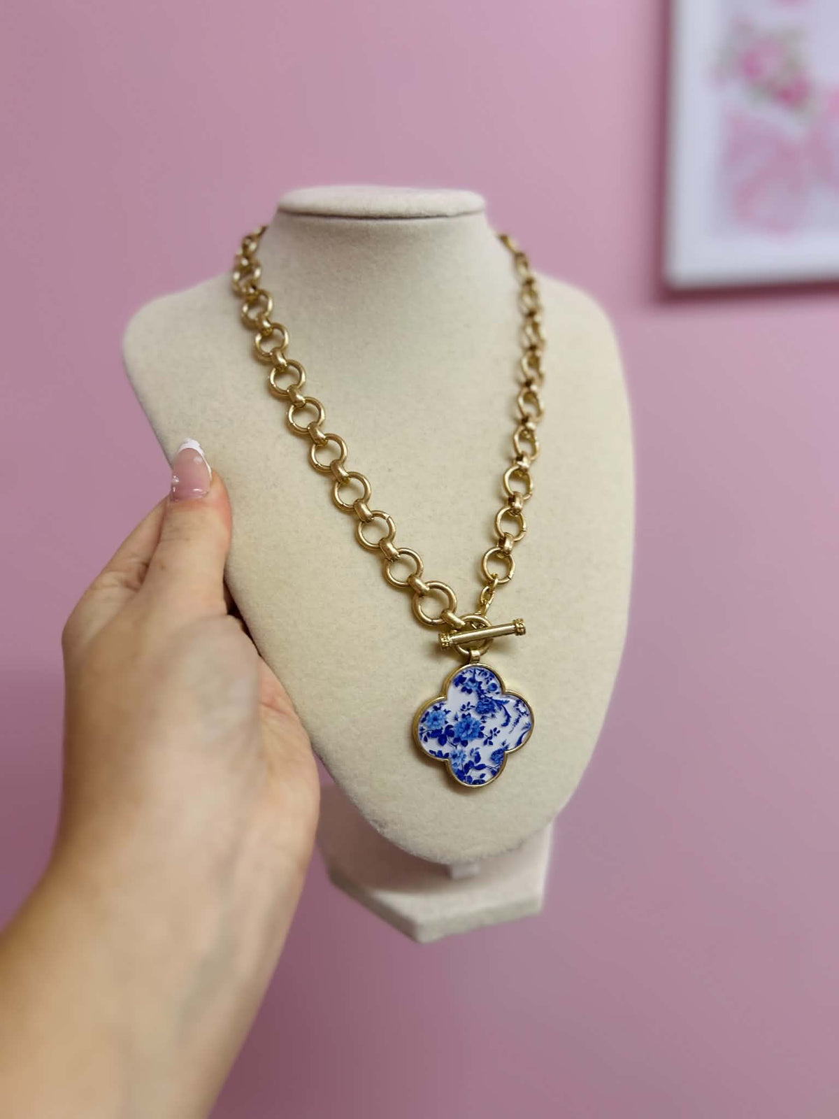 Blue Chinoiserie Clover Necklace