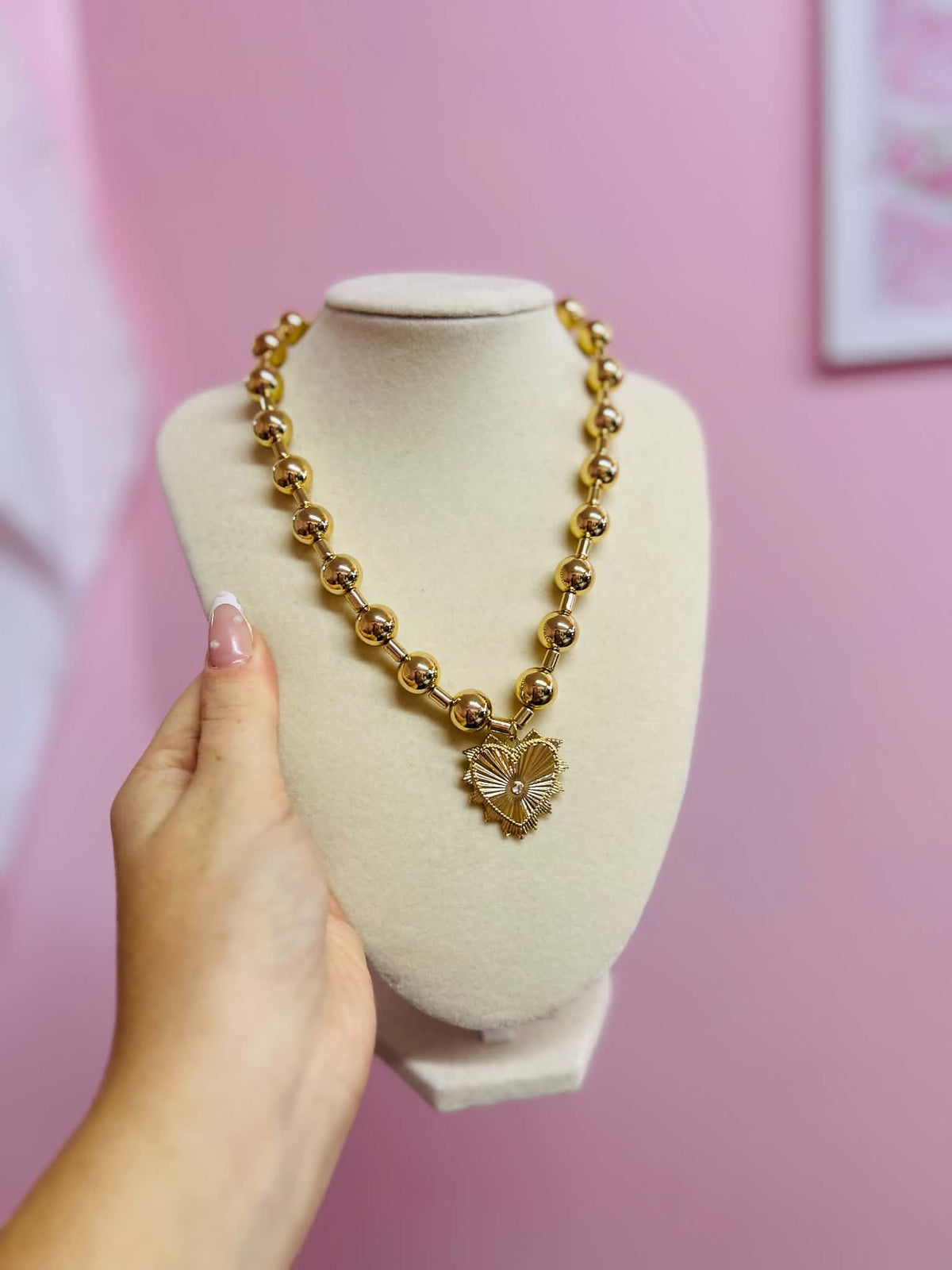 Gold Beaded Diamond Heart Necklace