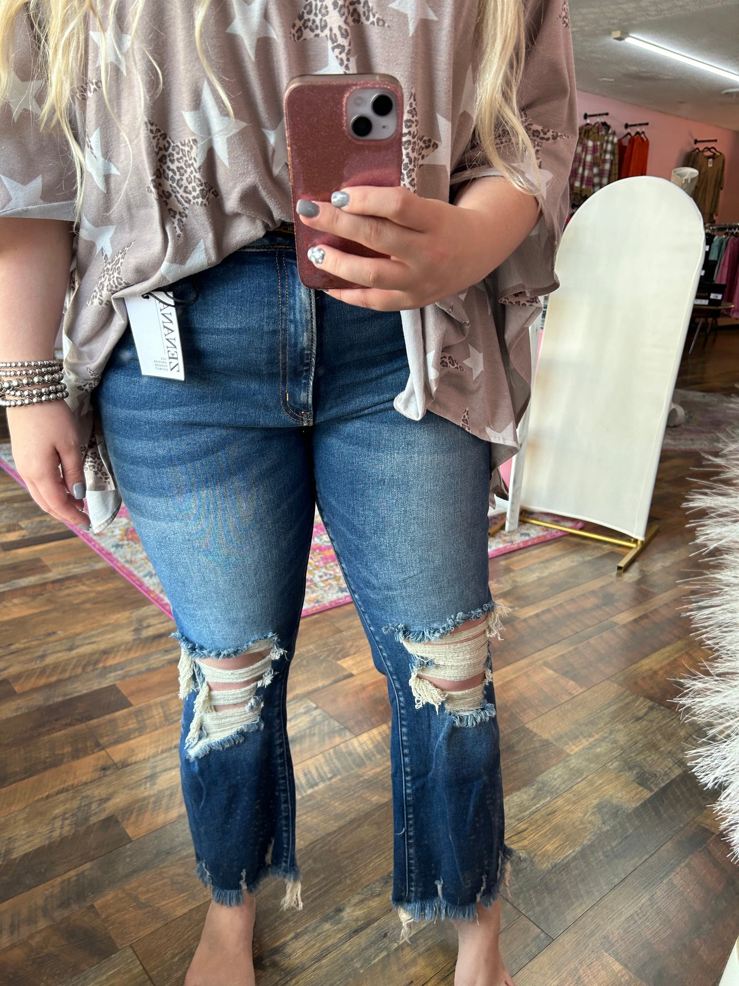 Dark Distressed Crop Flares (ZENANA)