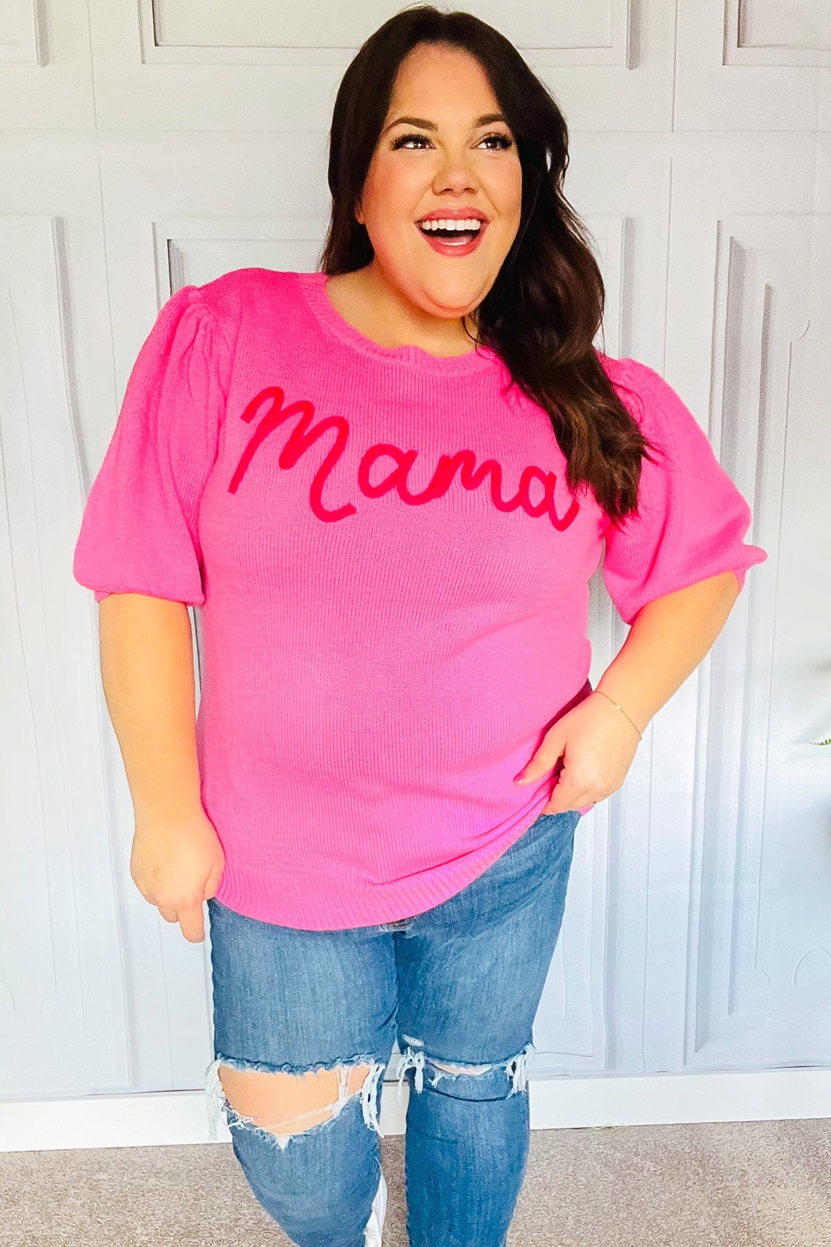 Take A Bow Pink "Mama" Embroidery Puff Sleeve Sweater Top