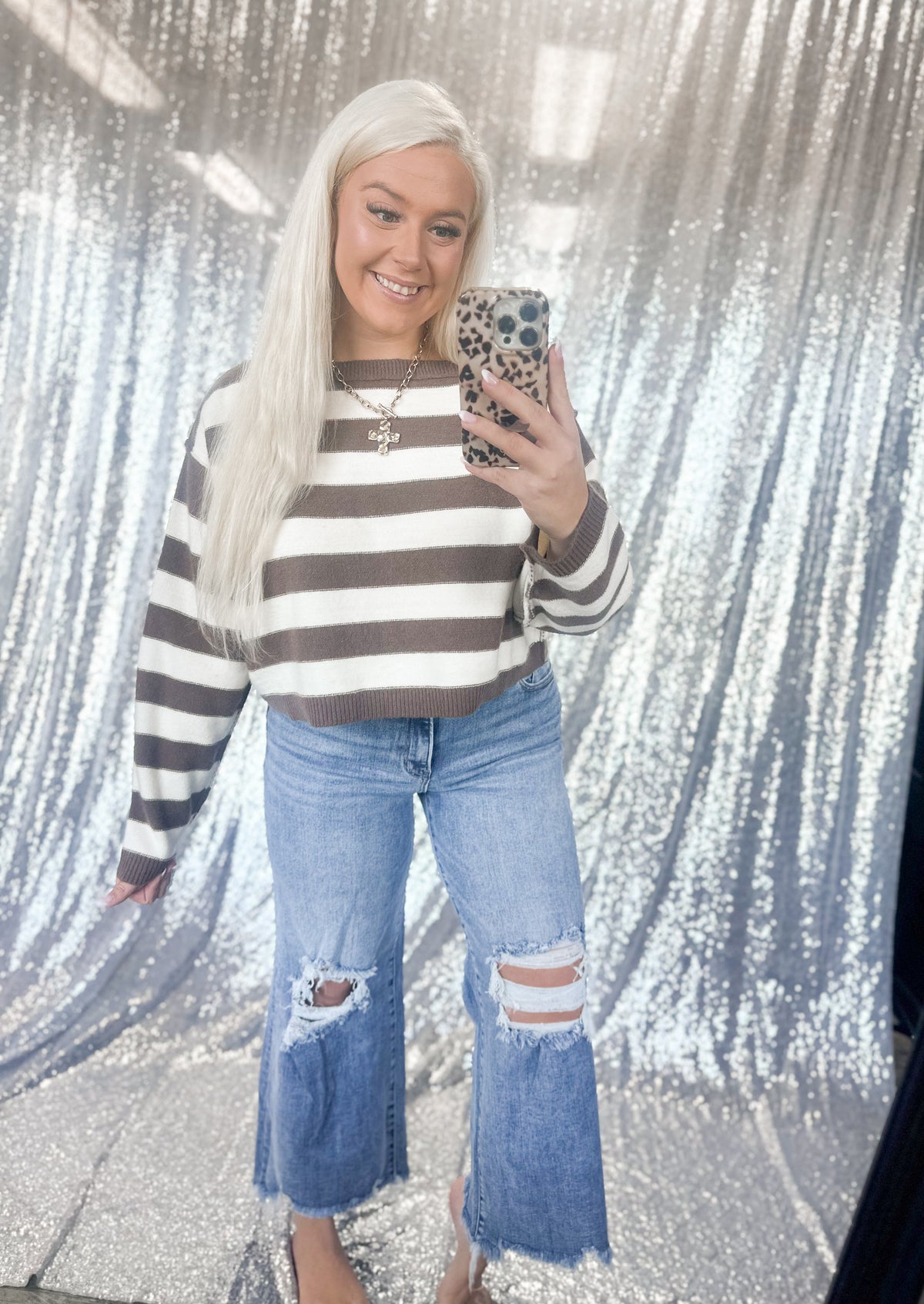 Brown Striped Cropped Knit Sweater