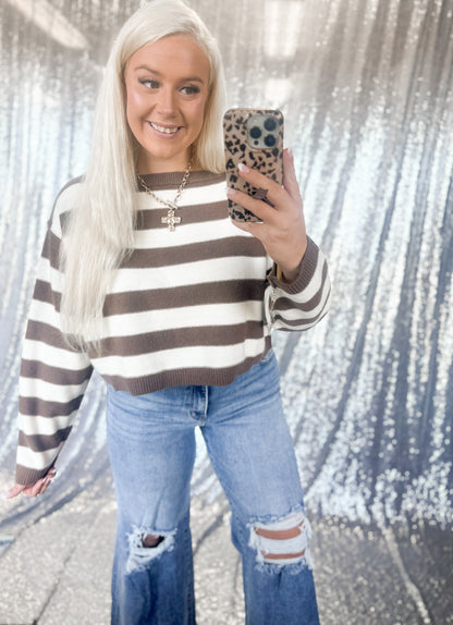 Brown Striped Cropped Knit Sweater