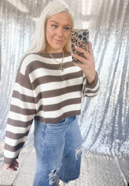 Brown Striped Cropped Knit Sweater