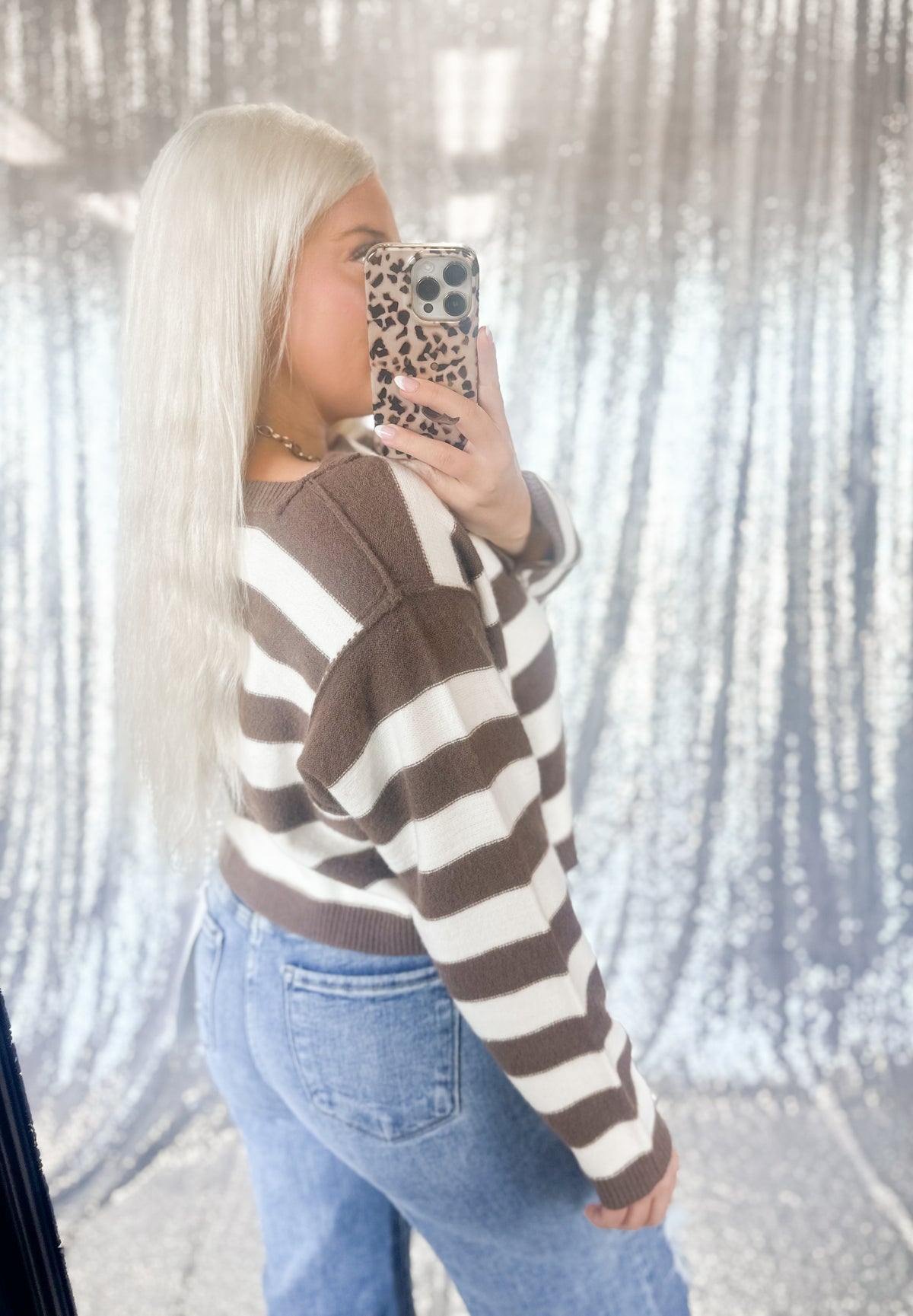 Brown Striped Cropped Knit Sweater