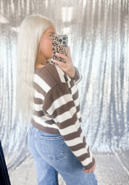 Brown Striped Cropped Knit Sweater