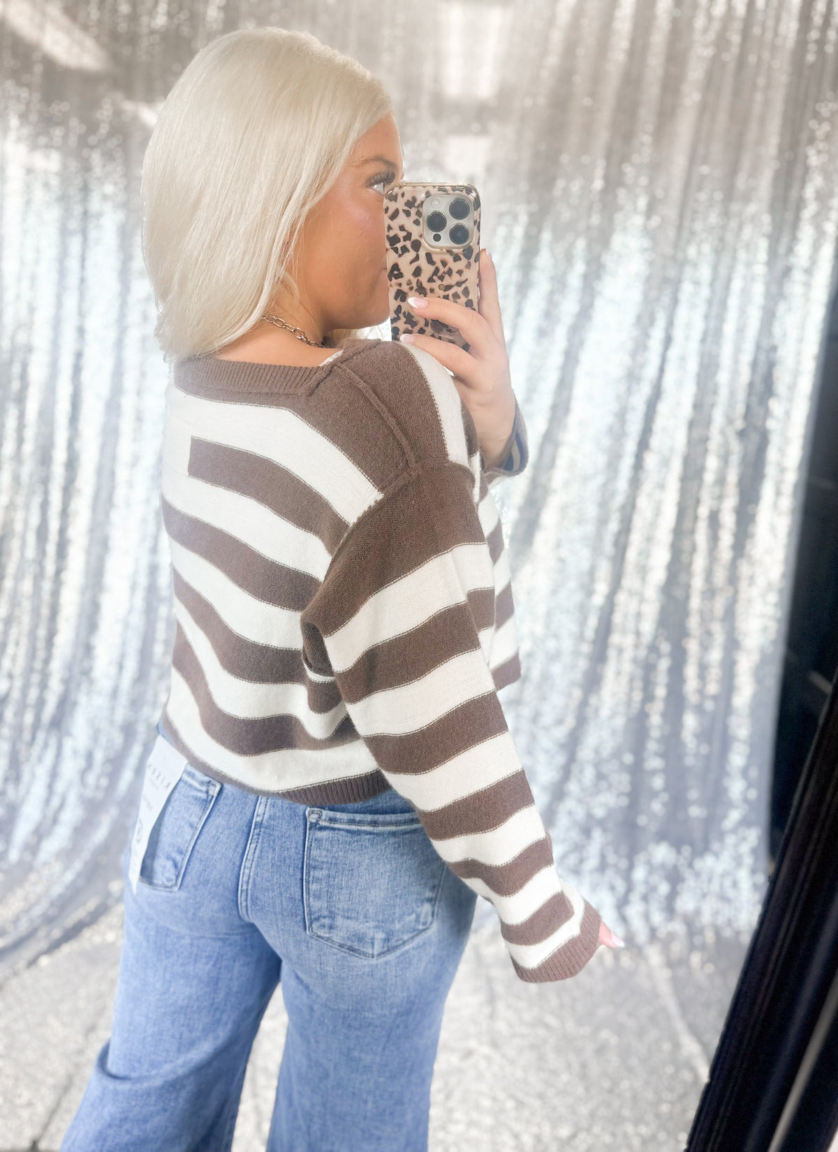 Brown Striped Cropped Knit Sweater