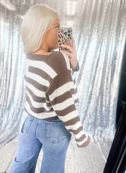 Brown Striped Cropped Knit Sweater