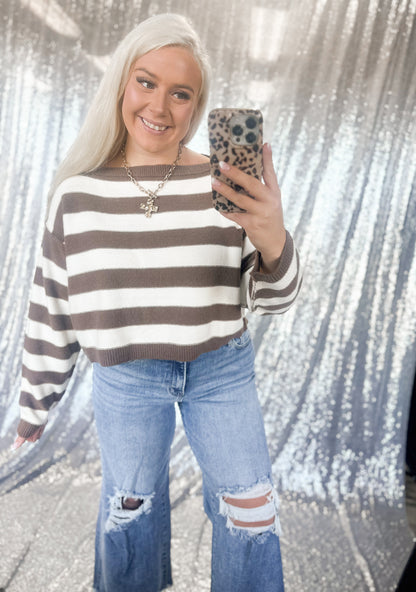 Brown Striped Cropped Knit Sweater