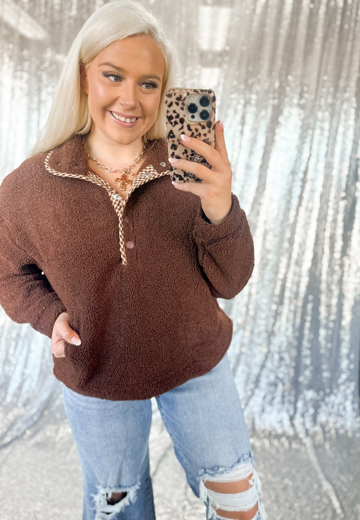 Teddy Bear Gingham Button Sherpa