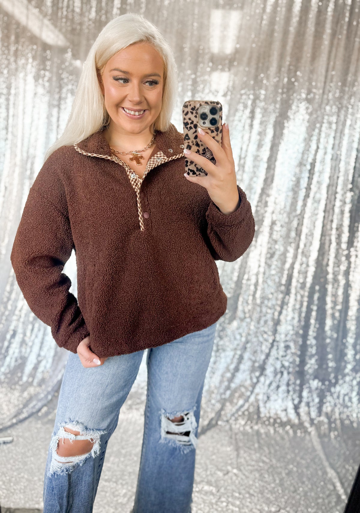Teddy Bear Gingham Button Sherpa