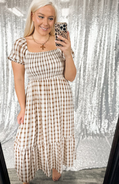 Fall Plaid Smocked Maxi Dress