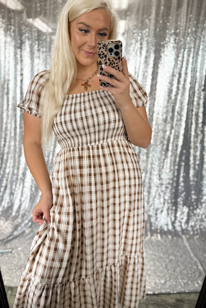 Fall Plaid Smocked Maxi Dress