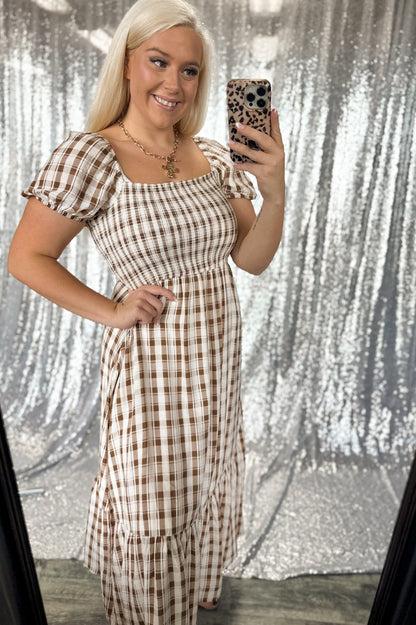 Fall Plaid Smocked Maxi Dress