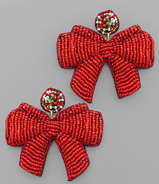 Red Beaded Bow Earrings