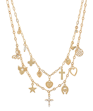 Layered Multi Gold Tone Charm Necklace