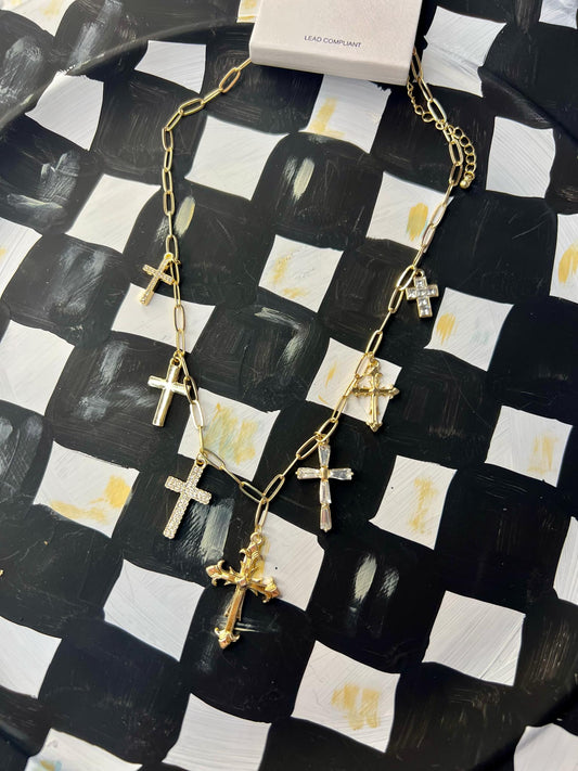 Multi Stone Cross Charm Necklace